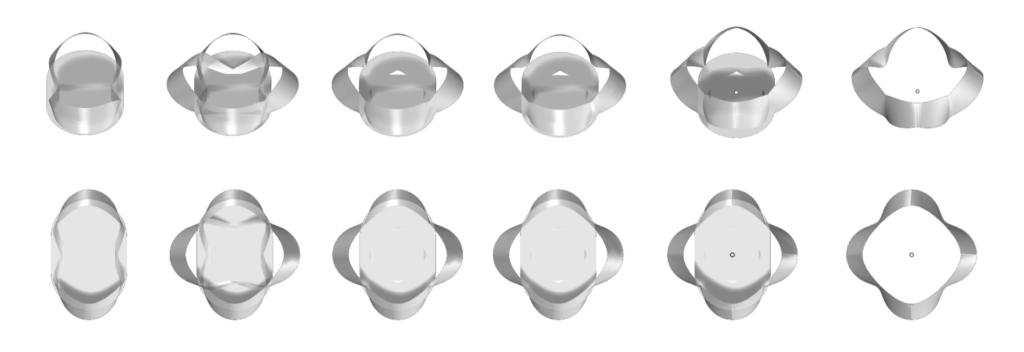 Series of abstract forms representing the design evolution of the Synthetic Bloom pavilion.