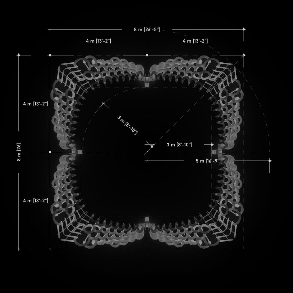 A top-down view of the Synthetic Bloom pavilion design, featuring a four-petal, flower-like configuration with dimensions indicated for structural elements.